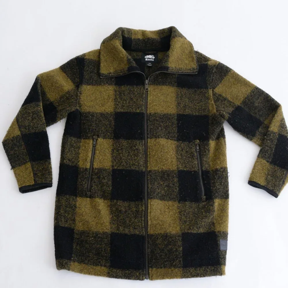 Roots Black And Olive Plaid Pea Coat